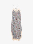Ristyl Dress - Long light blue crepe lingerie-style dress with British floral print, thin straps and lace-trimmed neckline.