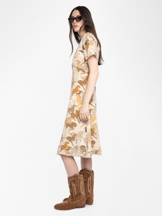 Rhodral Horse Print Dress - Mid-length printed viscose dress with short sleeves and buttoned neckline.