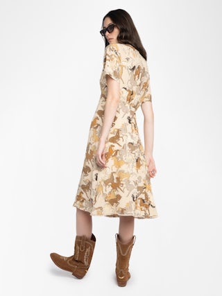 Rhodral Horse Print Dress - Mid-length printed viscose dress with short sleeves and buttoned neckline.