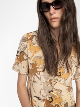 Rhodral Horse Print Dress - Mid-length printed viscose dress with short sleeves and buttoned neckline.