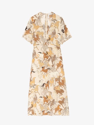 Rhodral Horse Print Dress - Mid-length printed viscose dress with short sleeves and buttoned neckline.