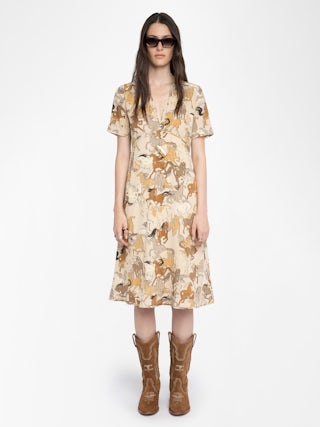 Rhodral Horse Print Dress - Mid-length printed viscose dress with short sleeves and buttoned neckline.