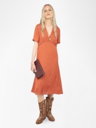 Vestido Rhodral Satén - Vestido midi de satén jacquard ZV, mangas cortas y escote abotonado.
