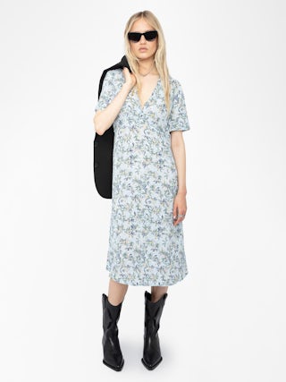 Rhodral Floral Print Midi Dress - Mid-length printed viscose dress with short sleeves and buttoned neckline.