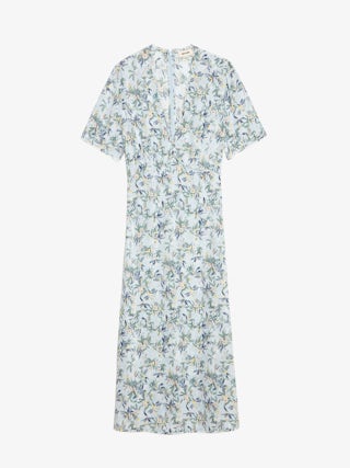 Rhodral Floral Print Midi Dress - Mid-length printed viscose dress with short sleeves and buttoned neckline.
