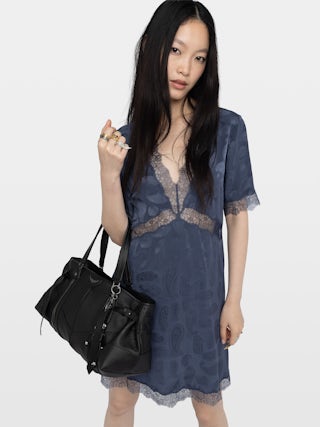 Robe Redoxa 100% Soie - Robe courte en soie jacquard, esprit lingerie, manches courtes et insertion dentelle.