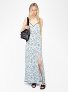 Ramelil Dress - Long lingerie-inspired dress in printed viscose, with slit, adjustable straps, wing embroidery on the back and lace.