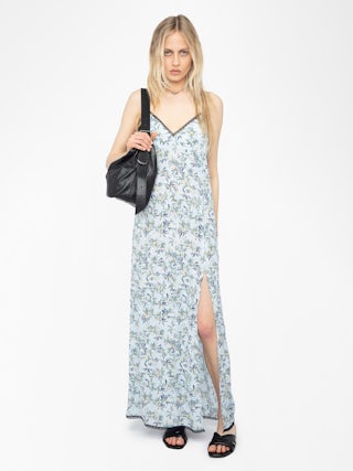 Ramelil Dress - Long lingerie-inspired dress in printed viscose, with slit, adjustable straps, wing embroidery on the back and lace.