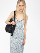 Ramelil Dress - Long lingerie-inspired dress in printed viscose, with slit, adjustable straps, wing embroidery on the back and lace.