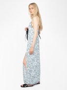 Ramelil Dress - Long lingerie-inspired dress in printed viscose, with slit, adjustable straps, wing embroidery on the back and lace.