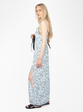 Ramelil Dress - Long lingerie-inspired dress in printed viscose, with slit, adjustable straps, wing embroidery on the back and lace.