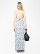Ramelil Dress - Long lingerie-inspired dress in printed viscose, with slit, adjustable straps, wing embroidery on the back and lace.