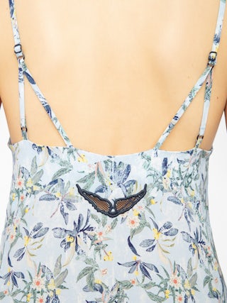 Ramelil Dress - Long lingerie-inspired dress in printed viscose, with slit, adjustable straps, wing embroidery on the back and lace.