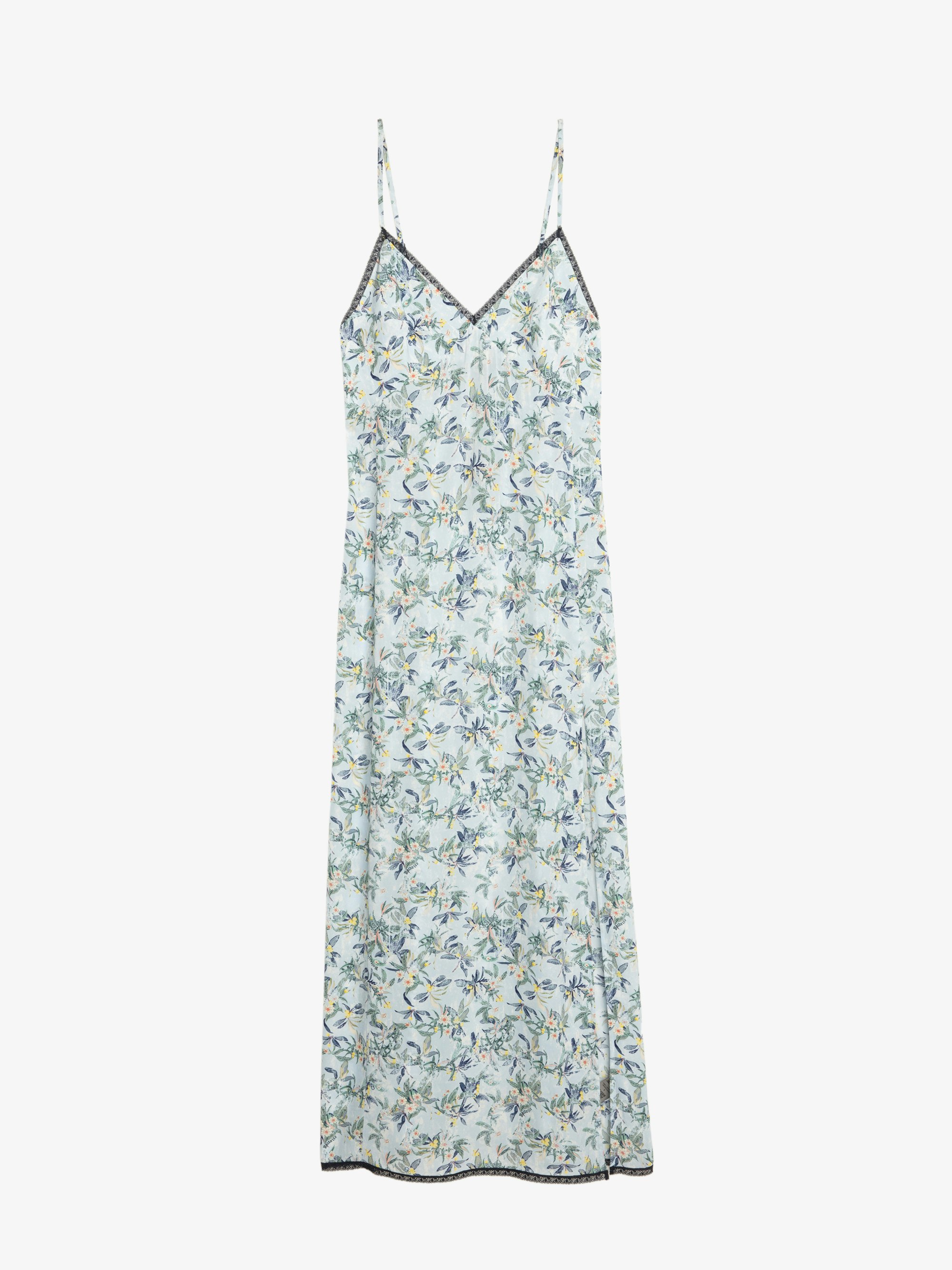 Ramelil Dress - Long lingerie-inspired dress in printed viscose, with slit, adjustable straps, wing embroidery on the back and lace.