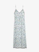 Ramelil Dress - Long lingerie-inspired dress in printed viscose, with slit, adjustable straps, wing embroidery on the back and lace.