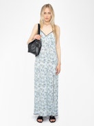 Ramelil Dress - Long lingerie-inspired dress in printed viscose, with slit, adjustable straps, wing embroidery on the back and lace.