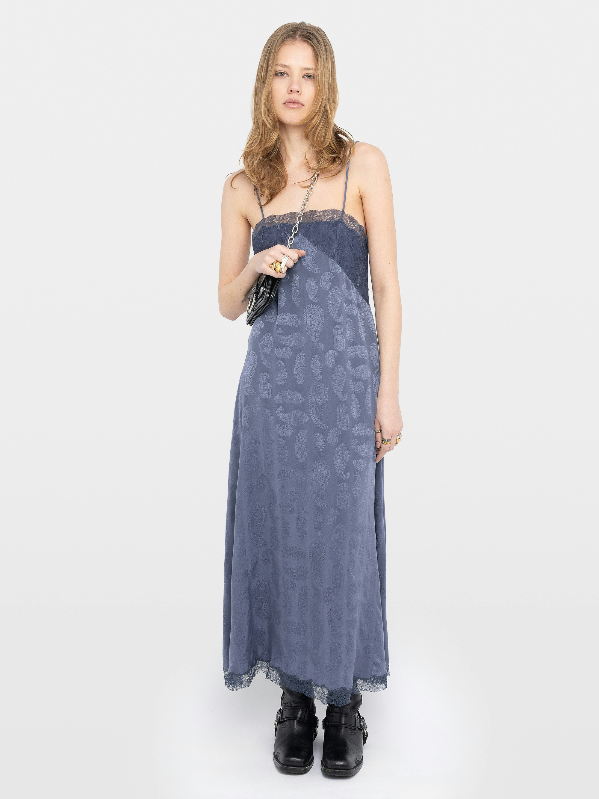 Dress Ridar 100% Silk - Lingerie-inspired mid-length silk jacquard dress with adjustable straps and lace at the bust and hem.