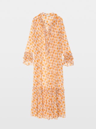 Abito Ralicel - Abito lungo drappeggiato in chiffon stampato, maniche lunghe.