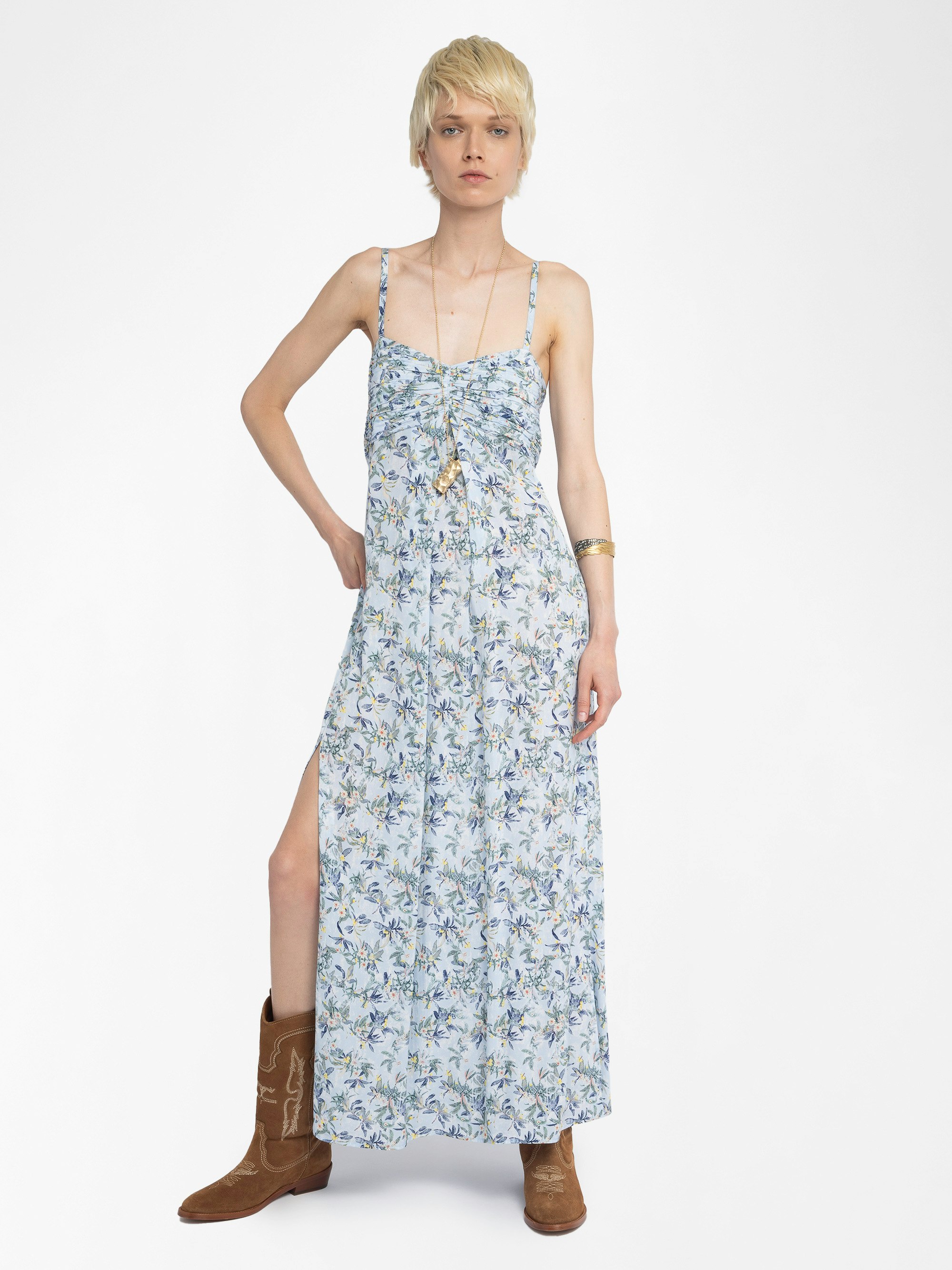 Rippie Dress - Long printed viscose dress with adjustable straps and pleated bodice.
