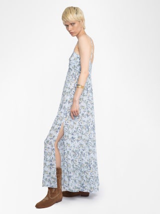 Rippie Dress - Long printed viscose dress with adjustable straps and pleated bodice.