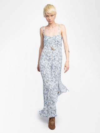 Rippie Dress - Long printed viscose dress with adjustable straps and pleated bodice.