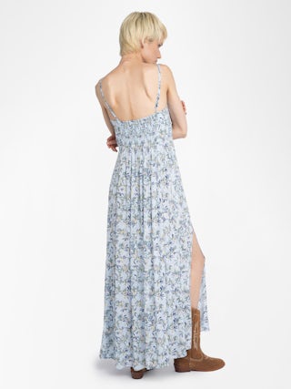 Rippie Dress - Long printed viscose dress with adjustable straps and pleated bodice.
