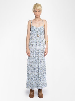 Rippie Dress - Long printed viscose dress with adjustable straps and pleated bodice.