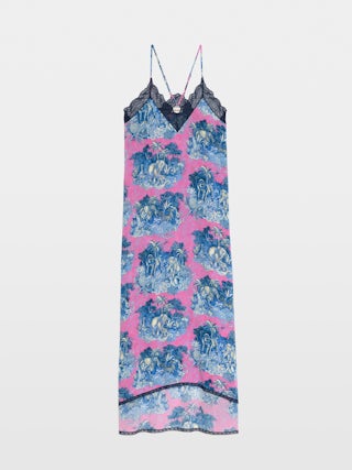 Kleid Risty - Midi-Kleid im Lingerie-Stil aus bedruckter Viskose mit exklusiver französischer Spitze.