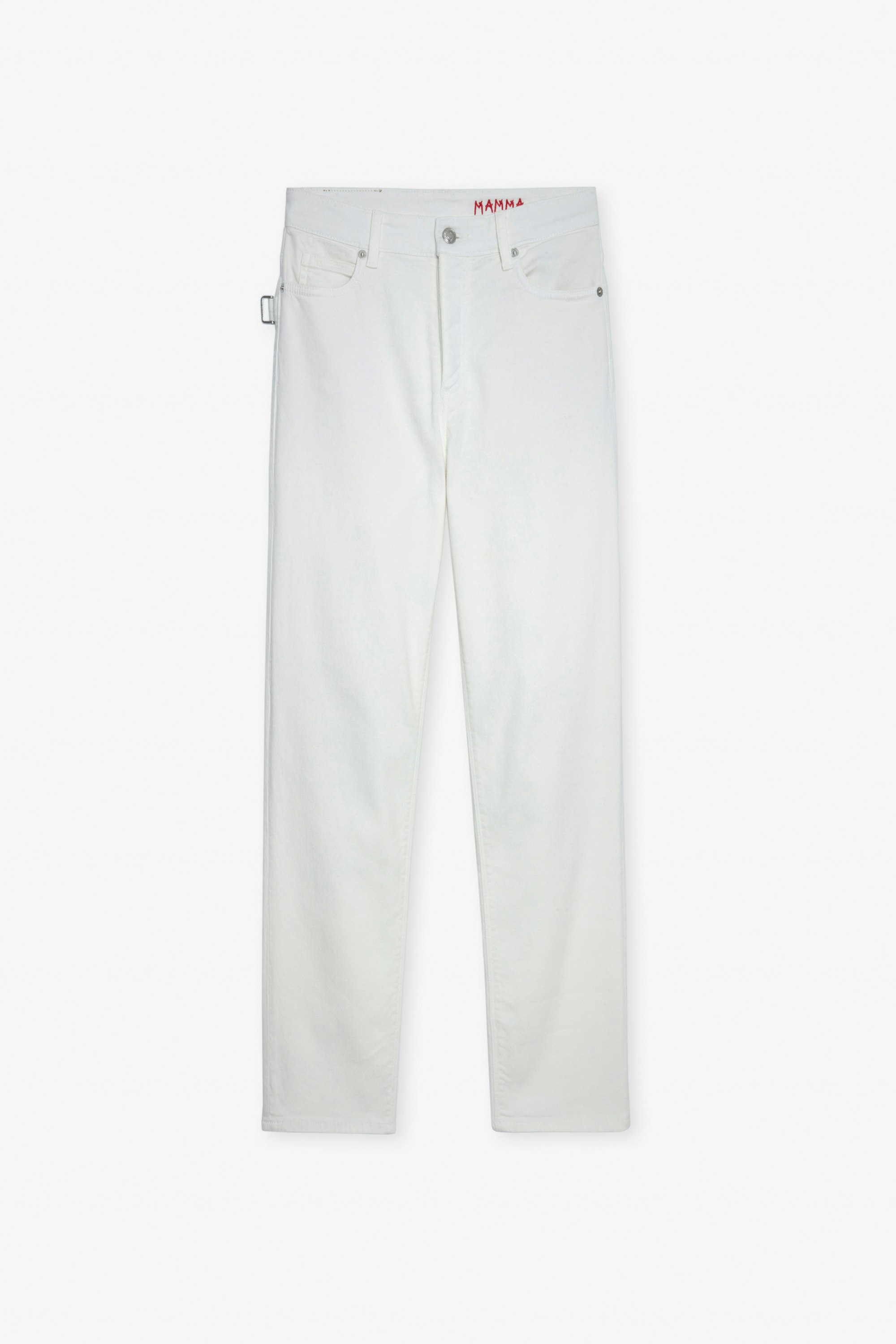Mamma Jeans - Women’s white denim jeans with “Mamma” embroidery.