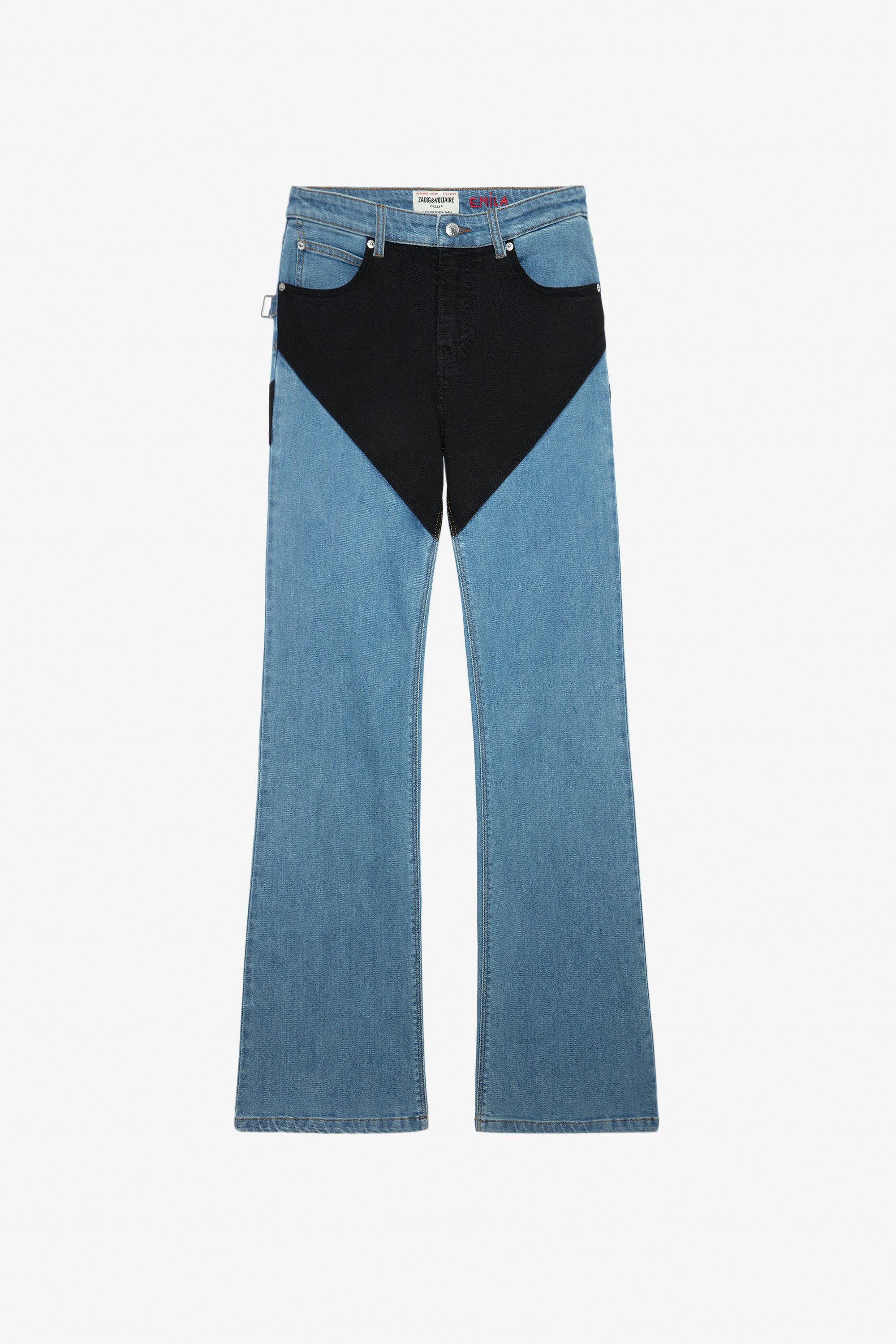 Emila Jeans - Women’s wide-leg blue denim jeans with contrasting black panels.