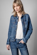 Kiomy Jacket - Women's blue denim jacket with 'C'est la faute à Voltaire' embroidered on the back