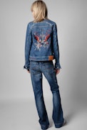 Kiomy Jacket - Women's blue denim jacket with 'C'est la faute à Voltaire' embroidered on the back