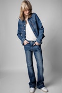 Kiomy Jacket - Women's blue denim jacket with 'C'est la faute à Voltaire' embroidered on the back