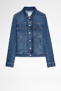 Kiomy Jacket - Women's blue denim jacket with 'C'est la faute à Voltaire' embroidered on the back