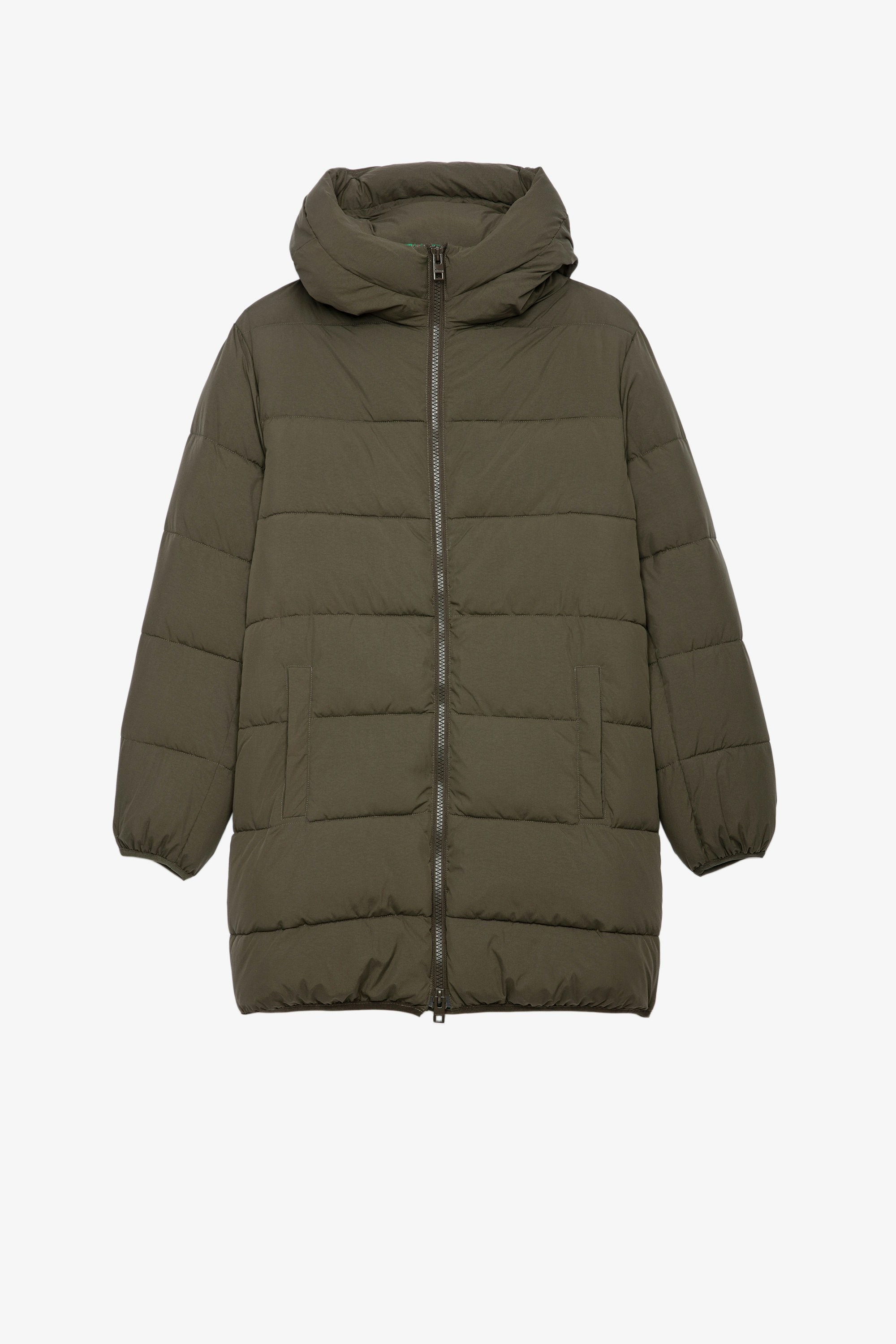 Korail Coat Women’s khaki nylon midi down jacket with hood and contrasting signature ZV band