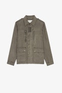 Kid Linen Jacket - Women's khaki linen military jacket with guitar, floral details and "Art Is Truth" embroidered on the back