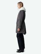 Kidea Parka - Women’s oversized military midi parka in grey cotton with faux fur collar.