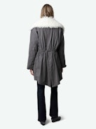 Kidea Parka - Women’s oversized military midi parka in grey cotton with faux fur collar.