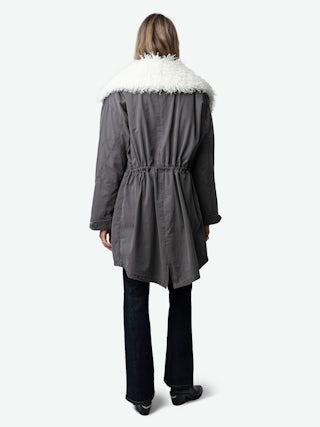 Parka Kidea - Parka mi-longue militaire oversize en coton gris à col fausse fourrure.