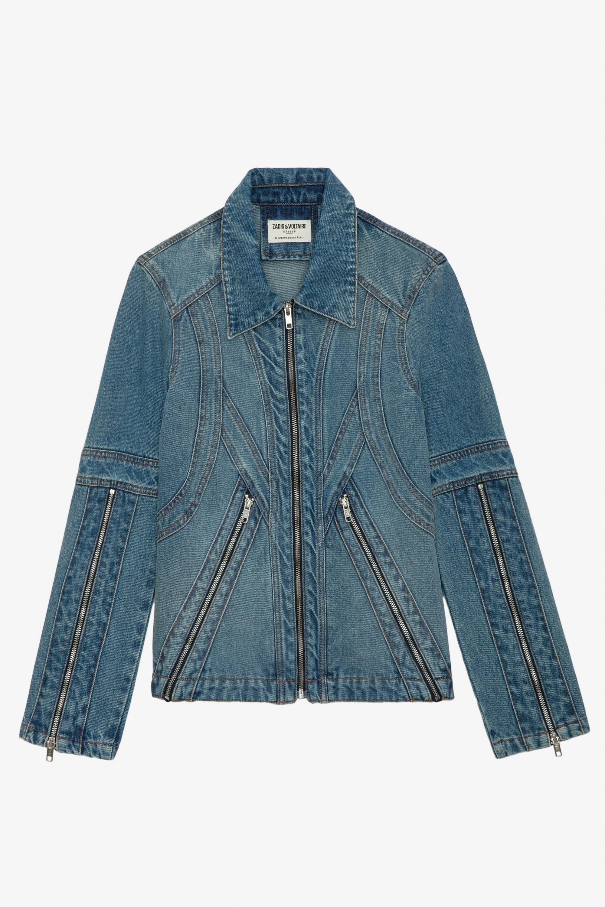 Bons Denim Jacket - Faded denim jacket with zip fastening and couture details.