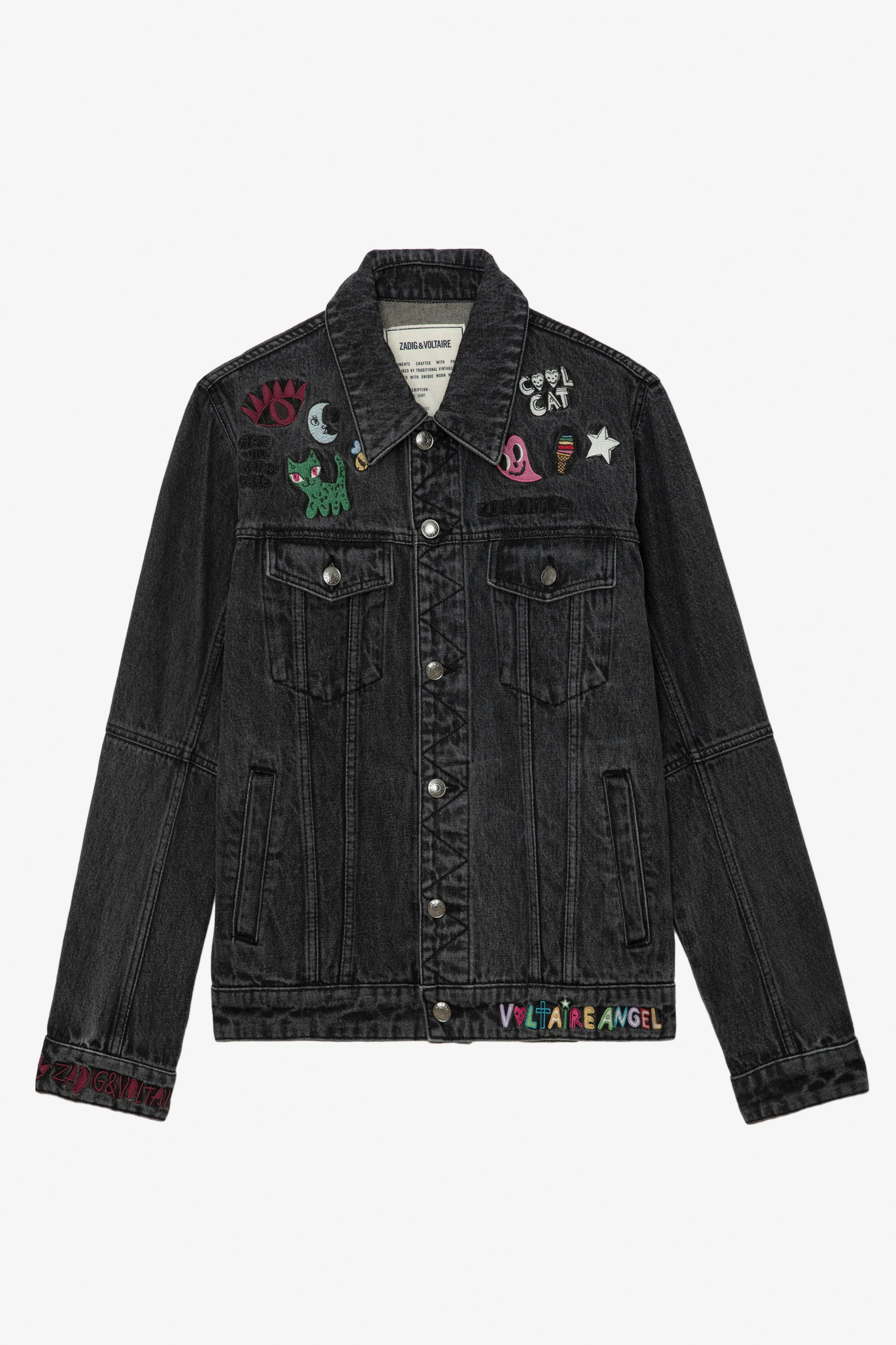 Kasy Denim Jacket - Grey denim oversized jacket with embroidered motifs, overstitching and customised details designed by Humberto Cruz.