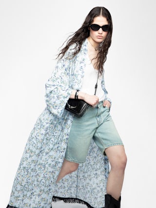 Kimono - Kimonos long en viscose imprimée, manches courtes, et finition franges.