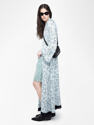 Kimono - Kimonos long en viscose imprimée, manches courtes, et finition franges.