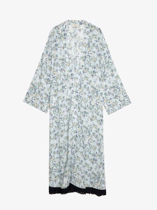 Kimono - Kimonos long en viscose imprimée, manches courtes, et finition franges.