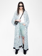 Kimono - Kimonos long en viscose imprimée, manches courtes, et finition franges.