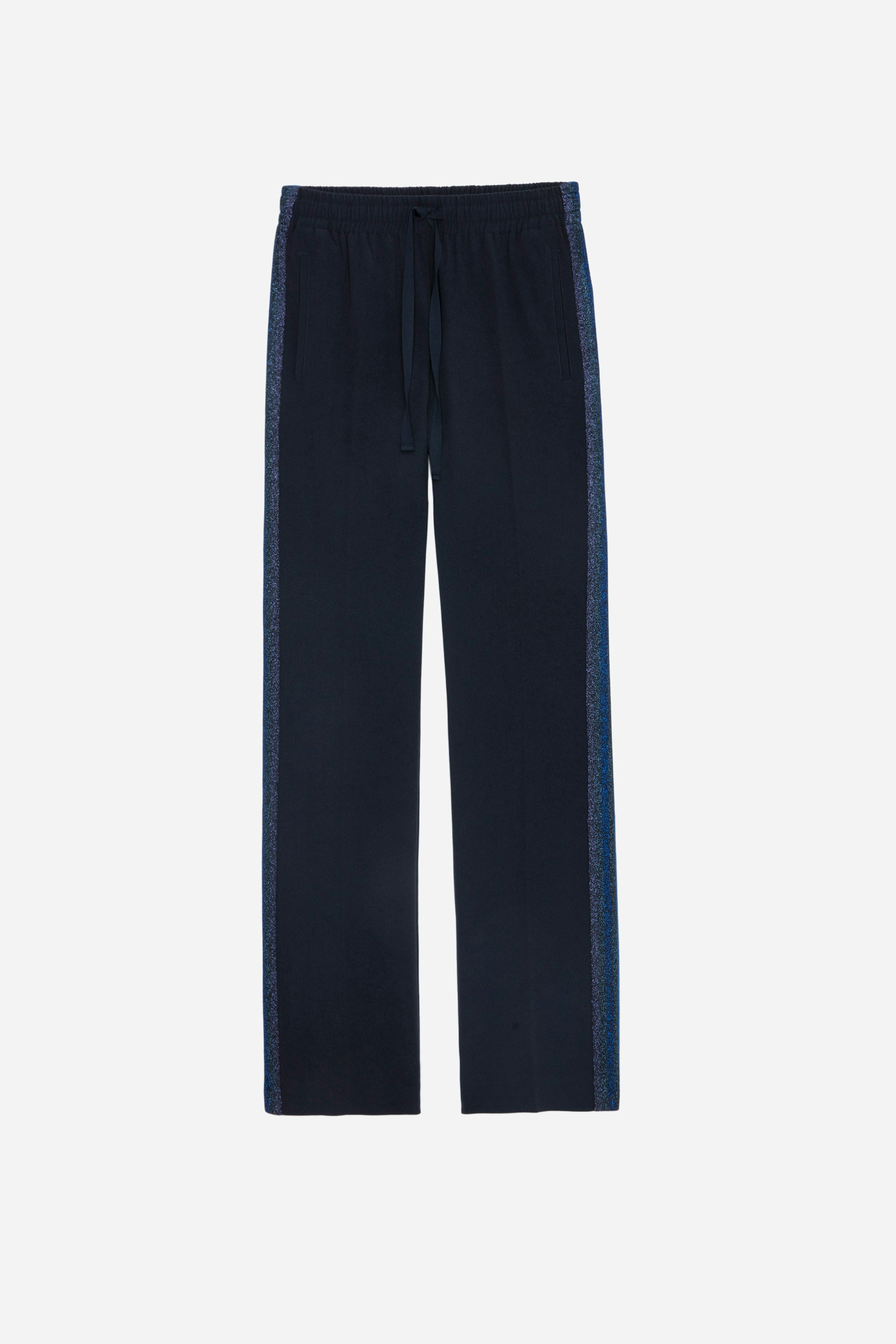 Pantalon Pomy - Pantalon en crêpe bleue marine à bandes latérales pailletées.