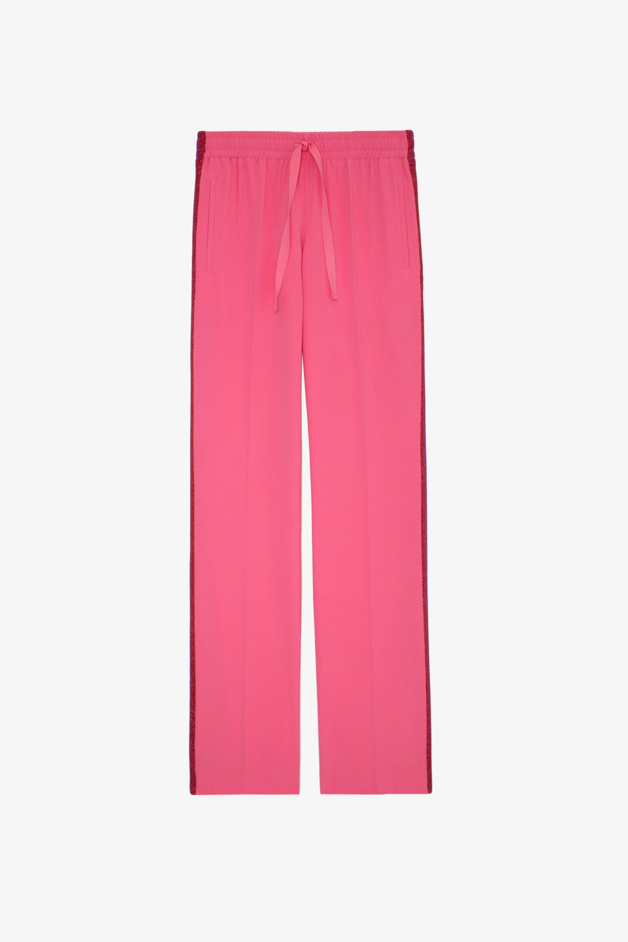 Pantalon Pomy - Pantalon en crêpe rose à bandes latérales pailletées.