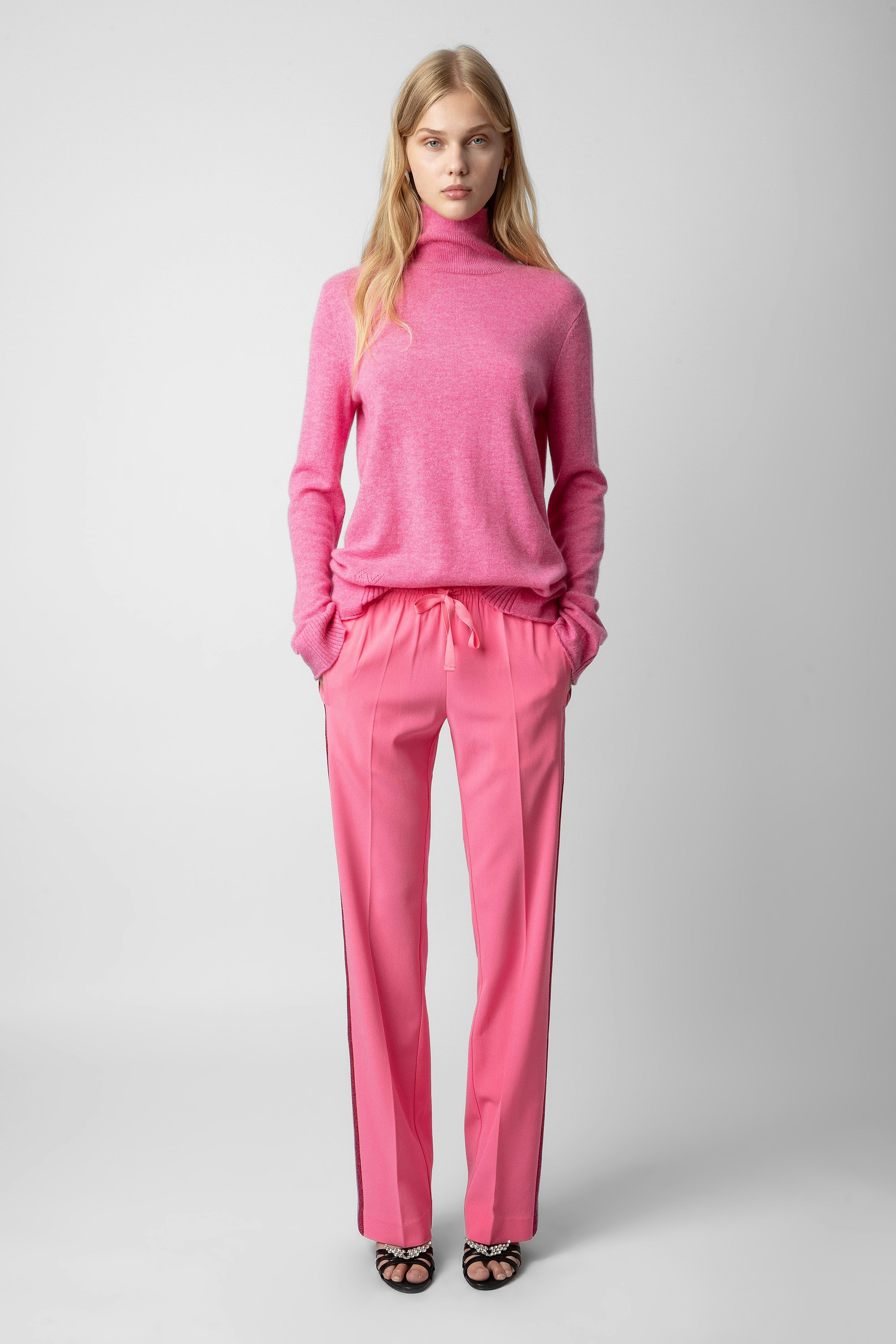 Pantaloni Pomy - Pantaloni da donna in crêpe rosa con strisce laterali a paillette