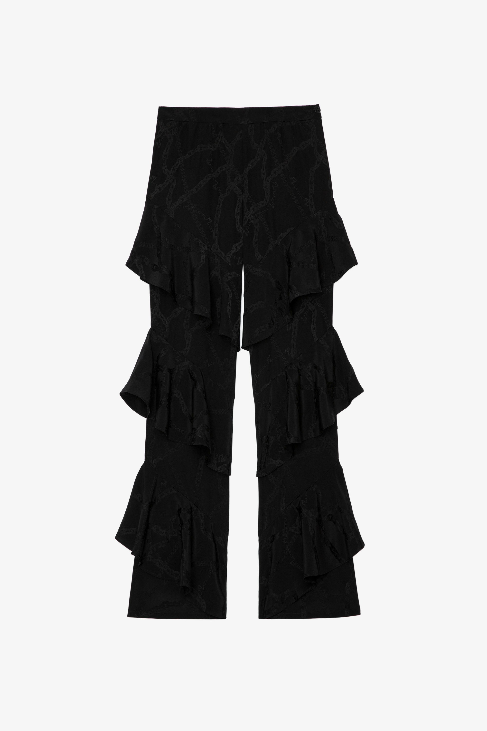 Poum Chains Silk Trousers Women’s black silk trousers with ruffles and jacquard ZV chains 