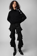 Pantaloni Poum Chaines in seta - Pantaloni in seta nera con balze e catene jacquard ZV donna
